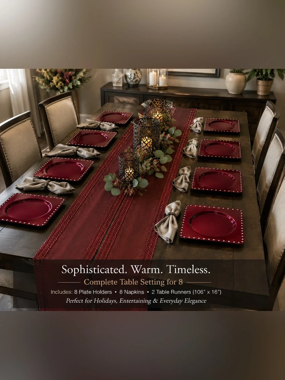 Elegant holiday set. Eight chargers, two runners and seven napkins.